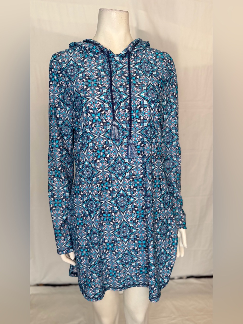 Blue Geometric Hooded Tunic with Tassel Drawstrings